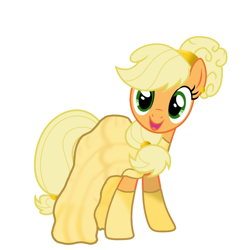 Size: 1378x1378 | Tagged: safe, artist:sunmint234, imported from derpibooru, applejack, earth pony, beauty and the beast, belle, clothes, disney, disney princess, female, green eyes, hair, looking at you, princess, shoes, simple background, solo, spoilers for another series, style, tail, white background, yellow