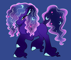 Size: 2600x2200 | Tagged: safe, artist:loryska, imported from derpibooru, oc, oc only, earth pony, pony, blue background, colored hooves, ear fluff, earth pony oc, ethereal mane, eyeshadow, female, galaxy mane, gradient legs, hair over one eye, high res, lidded eyes, long feather, looking at you, makeup, offspring, parent:rarity, parent:tantabus, pink eyes, purple coat, purple mane, raised leg, simple background, solo, standing, wavy mane