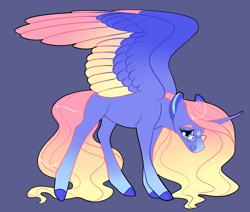 Size: 2600x2200 | Tagged: safe, artist:loryska, imported from derpibooru, oc, oc only, alicorn, pony, alicorn oc, blue background, blue coat, blue eyes, cloven hooves, coat markings, colored hooves, colored wings, curved horn, facial markings, female, glasses, gradient wings, hair physics, head down, high res, horn, long mane, looking at you, looking up, looking up at you, magical lesbian spawn, mane physics, mare, offspring, parent:fluttershy, parent:twilight sparkle, parents:twishy, partially open wings, pink mane, purple coat, simple background, solo, standing, star (coat marking), wings, yellow mane