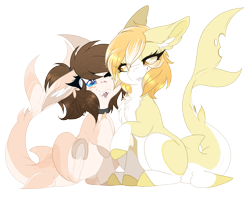 Size: 5000x3930 | Tagged: safe, artist:red_moonwolf, imported from derpibooru, oc, oc:orange cream, oc:retro hearts, original species, shark, shark pony, derpibooru community collaboration, 2022 community collab, duo, looking at each other, looking at someone, shark pony oc, simple background, transparent background