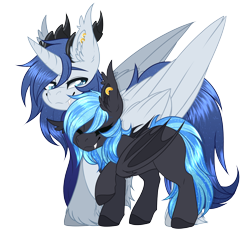 Size: 3360x3124 | Tagged: safe, artist:red_moonwolf, imported from derpibooru, oc, oc:prince nova, alicorn, bat pony, pony, derpibooru community collaboration, 2022 community collab, alicorn oc, clothes, cuddling, duo, high res, horn, horns, looking back, piercing, scarf, simple background, size difference, transparent background, wings