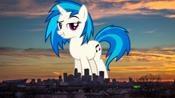 Size: 1920x1080 | Tagged: safe, artist:moongazeponies, artist:thegiantponyfan, imported from derpibooru, dj pon-3, vinyl scratch, pony, unicorn, background pony, female, giant pony, giant unicorn, giant vinyl scratch/giant dj pon-3, giantess, highrise ponies, irl, macro, mare, mega giant, minneapolis, minnesota, photo, ponies in real life