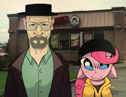 Size: 2600x2000 | Tagged: safe, artist:swagstapiece, imported from derpibooru, pinkie pie, human, pony, beanie, breaking bad, clothes, crossover, duo, female, glasses, hat, high res, hoodie, looking at you, male, mare, walter white, wendy's