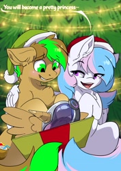 Size: 2481x3507 | Tagged: safe, artist:arctic-fox, imported from derpibooru, oc, oc only, oc:baysick, oc:starburn, earth pony, pegasus, pony, christmas, christmas tree, duo, earth pony oc, fake horn, fake wings, gift giving, hat, high res, holiday, pegasus oc, present, santa hat, tree