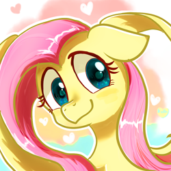 Size: 1000x1000 | Tagged: safe, artist:brella, imported from derpibooru, fluttershy, pegasus, pony, aside glance, avatar, blushing, bust, cute, daaaaaaaaaaaw, female, floppy ears, heart, looking at something, looking at you, mare, portrait, shyabetes, simple background, smiling, smiling at you, solo, spread wings, three quarter view, wings