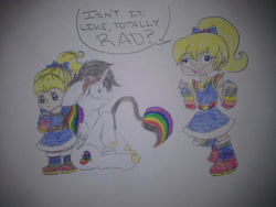 Size: 1024x768 | Tagged: safe, artist:tessalovesozzy, imported from derpibooru, oc, oc:lightning bliss, human, bow, generational humandox, goggles, hair bow, lightning bliss is not amused, rainbow brite, rainbow brite (reboot), rainbow brite is not amused, speech, speech bubble, talking, this will end in tears, traditional art, unamused