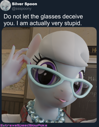 Size: 2000x2550 | Tagged: safe, artist:extremespeed slowpoke, imported from derpibooru, silver spoon, anthro, earth pony, 3d, :p, blender, glasses, high res, jewelry, meta, necklace, pearl necklace, tongue out, twitter