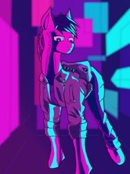 Size: 2448x3264 | Tagged: safe, artist:dvfrost, imported from derpibooru, oc, pony, clothes, female, filly, foal, high res, military uniform, neon, pony oc, ponytail, ponytails, simple background, skull, solo, uniform, watching