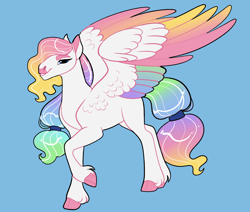 Size: 2600x2200 | Tagged: safe, artist:loryska, imported from derpibooru, oc, pegasus, pony, blue background, high res, magical lesbian spawn, male, offspring, parent:rainbow dash, parent:rarity, parents:raridash, simple background, solo, stallion