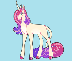 Size: 2600x2200 | Tagged: safe, artist:loryska, imported from derpibooru, oc, oc only, pony, unicorn, blue background, curved horn, female, high res, horn, leonine tail, magical lesbian spawn, mare, offspring, parent:fluttershy, parent:rarity, parents:flarity, simple background, solo, tail, unicorn oc