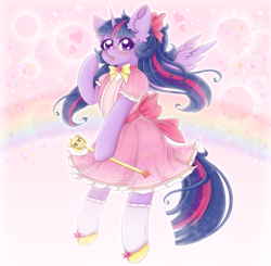 Size: 2040x2000 | Tagged: safe, artist:saltyvity, imported from derpibooru, seven seas, twilight sparkle, alicorn, pony, semi-anthro, alternate hairstyle, anime style, clothes, cute, heart, high res, magic, magical girl, pink dress, rainbow, scepter, socks, solo, sparkles, transformation, twilight scepter, twilight sparkle (alicorn)