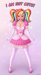 Size: 2200x4000 | Tagged: safe, artist:irisarco, imported from derpibooru, rainbow dash, human, adorasexy, angry, blushing, blushing profusely, bow, breasts, cleavage, clothes, cute, dashabetes, denial's not just a river in egypt, dress, embarrassed, evening gloves, female, frilly dress, frown, gloves, heart, high res, humanized, i'm not cute, jewelry, legs, lidded eyes, long gloves, looking at you, necklace, open mouth, pigtails, rainbow dash always dresses in style, sexy, shoes, simple background, solo, standing, stockings, stupid sexy rainbow dash, text, thigh highs, tomboy taming, tsunderainbow, tsundere, twintails, watermark, zettai ryouiki