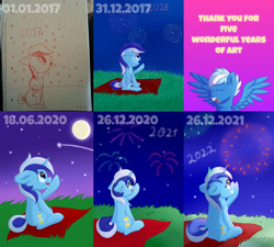 Size: 1024x921 | Tagged: safe, artist:exobass, imported from derpibooru, minuette, oc, oc:exobass, pegasus, pony, unicorn, 2022, female, fireworks, improvement, male, mare, new years eve, night, redraw, stallion