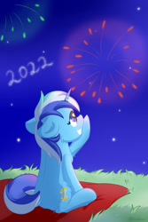 Size: 1024x1536 | Tagged: safe, artist:exobass, imported from derpibooru, minuette, pony, unicorn, 2022, background pony, chest fluff, dock, eyelashes, female, fireworks, floppy ears, grass, grin, happy new year, holiday, horn, mare, night, outdoors, pointing, sitting, sky, smiling, solo, stars, tail