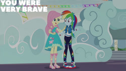 Size: 1280x720 | Tagged: safe, edit, edited screencap, editor:quoterific, imported from derpibooru, screencap, fluttershy, rainbow dash, equestria girls, equestria girls series, rollercoaster of friendship, clothes, converse, cutie mark on clothes, duo, duo female, female, geode of fauna, geode of super speed, hoodie, jewelry, magical geodes, necklace, open mouth, open smile, sandals, shoes, smiling, sneakers