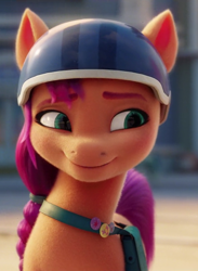 Size: 590x804 | Tagged: safe, imported from derpibooru, screencap, sunny starscout, earth pony, pony, spoiler:my little pony: a new generation, cropped, female, g5, helmet, mare, my little pony: a new generation, smiling, solo