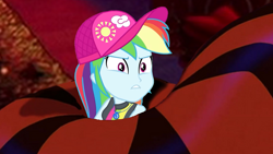 Size: 1920x1080 | Tagged: safe, artist:ocean lover, edit, edited screencap, imported from derpibooru, screencap, rainbow dash, snake, equestria girls, equestria girls series, forgotten friendship, aladdin, cap, clothes, coils, disney, geode of super speed, hat, jafar, magical geodes, rainbow dash is not amused, squeeze, swimsuit, treasure, unamused, wrapped up