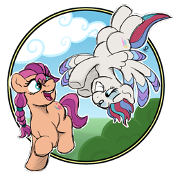 Size: 1437x1437 | Tagged: safe, artist:doodledonutart, imported from derpibooru, sunny starscout, zipp storm, earth pony, pegasus, pony, spoiler:my little pony: a new generation, colored wings, duo, duo female, female, g5, happy, multicolored wings, my little pony: a new generation, upside down, wings