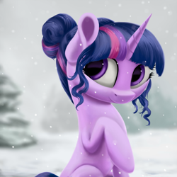 Size: 3375x3375 | Tagged: safe, artist:flusanix, imported from derpibooru, twilight sparkle, pony, unicorn, alternate hairstyle, female, hair bun, high res, mare, pine tree, raised hoof, sitting, smiling, snow, solo, tree, unicorn twilight