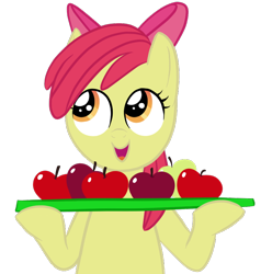 Size: 704x740 | Tagged: safe, artist:furseiseki, imported from derpibooru, apple bloom, earth pony, pony, apple, bow, cute, female, filly, foal, food, halfbody, happy, holding, looking at something, looking up, open mouth, open smile, simple background, smiling, solo, transparent background, tray