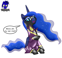 Size: 4154x3840 | Tagged: safe, artist:damlanil, imported from derpibooru, princess luna, alicorn, pony, bodysuit, catsuit, clothes, comic, costume, crown, cute, ear piercing, ethereal mane, eyeshadow, female, galaxy mane, goggles, horn, jewelry, latex, latex suit, looking at you, makeup, mare, piercing, regalia, rubber, shadowbolts, shadowbolts costume, shiny, shiny mane, show accurate, simple background, sitting, smiling, smiling at you, solo, speech bubble, suit, text, transparent background, vector, wings