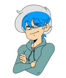 Size: 518x611 | Tagged: safe, artist:bluebellroseart, imported from derpibooru, oc, oc only, oc:midway, human, boy, bust, clothes, crossed arms, eye clipping through hair, eyebrows, eyebrows visible through hair, hoodie, humanized, male, simple background, smiling, smirk, solo, transparent background, two toned hair