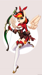 Size: 1500x2672 | Tagged: safe, artist:mrscroup, imported from derpibooru, oc, oc only, oc:anja snow, anthro, pegasus, plantigrade anthro, amber (genshin impact), boots, bow (weapon), clothes, cosplay, costume, floating wings, genshin impact, gloves, looking at you, pegasus oc, shoes, smiling, solo, thigh boots, wings