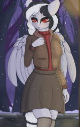 Size: 1140x1800 | Tagged: safe, artist:munrei, imported from derpibooru, oc, oc only, oc:oni, anthro, pegasus, anthro oc, clothes, commission, eyebrows, eyebrows visible through hair, female, jacket, night, park, pegasus oc, red eyes, skirt, snow, solo, stockings, sweater, thigh highs, tree, wings