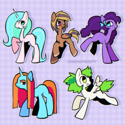 Size: 1280x1280 | Tagged: safe, artist:unknownspy, imported from derpibooru, oc, oc only, earth pony, pegasus, pony, unicorn, abstract background, earth pony oc, folded wings, frown, full body, horn, open mouth, pegasus oc, purple background, raised hoof, smiling, spread wings, standing, tail, two toned mane, two toned tail, unicorn oc, watermark, wings