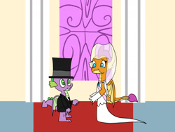 Size: 1280x960 | Tagged: safe, artist:platinumdrop, imported from derpibooru, smolder, spike, dragon, clothes, dress, female, hat, male, marriage, request, shipping, spolder, straight, top hat, tuxedo, wedding, wedding dress