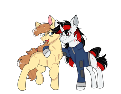 Size: 1280x1000 | Tagged: safe, artist:valkiria, imported from derpibooru, oc, oc only, oc:blackjack, oc:cream heart, earth pony, pony, unicorn, derpibooru community collaboration, fallout equestria, fallout equestria: project horizons, 2022 community collab, chest fluff, curved horn, duo, duo female, ear fluff, earth pony oc, fanfic art, female, hooves, horn, looking at each other, looking at someone, mare, raised hoof, raised leg, simple background, smiling, standing, transparent background, two toned mane, unicorn oc