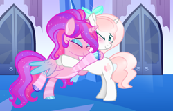 Size: 2496x1608 | Tagged: safe, artist:sugarcubecreationz, imported from derpibooru, oc, oc only, oc:starflight sparkle, oc:sweetheart, alicorn, pony, unicorn, bow, female, hair bow, hug, mare