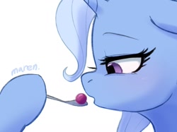 Size: 1739x1304 | Tagged: safe, artist:maren, imported from derpibooru, trixie, pony, unicorn, berry, doodle, food, herbivore, simple background, solo, spoon, white background