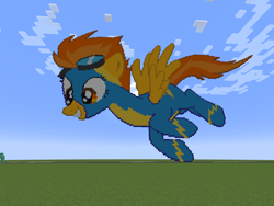 Size: 1280x961 | Tagged: safe, artist:clevercloud2022pl, imported from derpibooru, spitfire, pegasus, pony, clothes, cute, female, goggles, grin, mare, minecraft, minecraft pixel art, pixel art, smiling, solo, spread wings, tail, two toned mane, two toned tail, uniform, wings, wonderbolts uniform