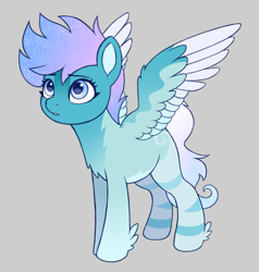 Size: 1900x2000 | Tagged: safe, artist:luminousdazzle, imported from derpibooru, oc, oc only, oc:arcticbreeze, pegasus, pony, chest fluff, colored, female, flat colors, full body, gray background, hoof fluff, hooves, looking up, mare, pegasus oc, simple background, solo, spread wings, standing, three quarter view, wings