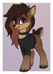 Size: 1150x1600 | Tagged: safe, artist:luminousdazzle, imported from derpibooru, oc, oc only, oc:elmwood, deer, bow, clothes, cloven hooves, colored, colored ears, ear piercing, eyeshadow, female, flat colors, gradient hooves, long hair, looking at you, makeup, pale belly, passepartout, piercing, purple eyes, shirt, simple background, smiling, smiling at you, tail, tail bow, unshorn fetlocks