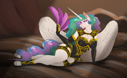 Size: 1200x738 | Tagged: safe, artist:sunny way, imported from derpibooru, princess celestia, alicorn, anthro, beautiful, beautisexy, bed, breasts, busty princess celestia, cleavage, clothes, corset, evening gloves, fan, fancy, feather, feathered fan, female, gloves, horn, hot, leotard, lingerie, long gloves, mare, patreon reward, sexy, solo, thick, wings