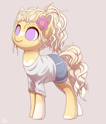 Size: 1700x2000 | Tagged: source needed, safe, artist:luminousdazzle, imported from derpibooru, oc, oc only, oc:vanilla heart, earth pony, pony, clothes, coat markings, colored eartips, ear markings, ear piercing, earth pony oc, eyelashes, facial markings, female, flower, flower in hair, full body, gray background, heart mark, looking up, mare, markings, no iris, no pupils, pastel, piercing, ponytail, purple eyes, shirt, shorts, signature, simple background, smiling, socks (coat markings), solo, star (coat marking)