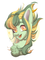 Size: 2800x3700 | Tagged: safe, artist:avroras_world, imported from derpibooru, oc, oc only, dracony, dragon, hybrid, pony, bust, chest fluff, commission, female, happy, high res, horns, hybrid oc, looking away, mare, open mouth, open smile, simple background, smiling, solo, white background