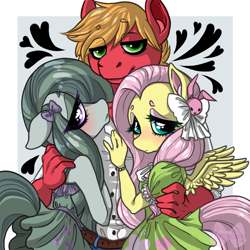 Size: 800x800 | Tagged: safe, artist:pumpiikin, imported from derpibooru, big macintosh, fluttershy, marble pie, anthro, earth pony, pegasus, big macintosh gets all the mares, blushing, bow, clothes, dress, eyeshadow, female, floating heart, floppy ears, fluttermac, fluttermarblemac, hair bow, heart, lidded eyes, looking at you, lucky bastard, makeup, male, marblemac, polyamory, shipping, smiling, straight