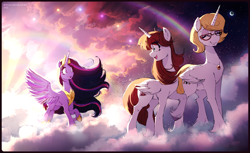 Size: 1898x1158 | Tagged: safe, artist:walliscolours, imported from derpibooru, twilight sparkle, oc, oc:bonniecorn, oc:fausticorn, alicorn, pony, bonnie zacherle, cloud, crown, ethereal mane, hoof shoes, jewelry, lauren faust, older, older twilight, open mouth, peytral, princess twilight 2.0, regalia, starry mane, twilight sparkle (alicorn)