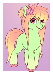 Size: 1350x1900 | Tagged: safe, artist:luminousdazzle, imported from derpibooru, oc, oc only, unnamed oc, earth pony, pony, colored, design, earth pony oc, female, flat colors, flower, flower in hair, freckles, g5, gradient hooves, gradient mane, green coat, long hair, looking at you, looking up, mare, my little pony: a new generation, open mouth, open smile, passepartout, smiling, smiling at you, solo, unshorn fetlocks