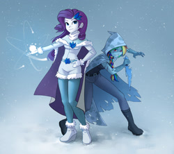 Size: 1800x1600 | Tagged: safe, artist:vyazinrei, imported from derpibooru, rainbow dash, rarity, equestria girls, alternate hairstyle, cape, cloak, clothes, dagger, duo, duo female, female, magic, rainbow rogue, shorts, snow, story in the source, the snow maiden, weapon, winter