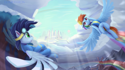 Size: 3779x2116 | Tagged: safe, artist:foxpit, imported from derpibooru, rainbow dash, soarin', pegasus, pony, clothes, cloudsdale, duo, female, male, mare, rainbow trail, shipping, soarindash, stallion, straight, windmill, wings