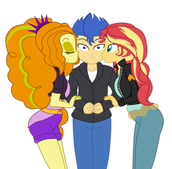 Size: 2900x2845 | Tagged: safe, artist:3d4d, imported from derpibooru, adagio dazzle, flash sentry, sunset shimmer, equestria girls, cheek kiss, clothes, eyes closed, female, flash sentry gets all the waifus, flashagio, flashimmer, high res, jacket, kiss sandwich, kissing, love triangle, lucky bastard, male, pants, shipping, shorts, simple background, straight, transparent background