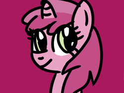 Size: 1024x768 | Tagged: safe, artist:danielthebrony57, imported from derpibooru, ruby pinch, pony, unicorn, bust, cute, eye clipping through hair, female, filly, foal, g4, horn, looking at you, magenta background, pinchybetes, portrait, simple background, smiling, smiling at you, solo