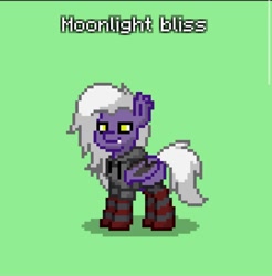 Size: 1242x1263 | Tagged: safe, imported from derpibooru, oc, oc only, oc:moonlight bliss, bat pony, pony, pony town, bat pony oc, bat wings, clothes, ear fluff, ear tufts, fangs, folded wings, full body, green background, hoodie, shadow, simple background, smiling, socks, solo, standing, striped socks, tail, white mane, white tail, wings, yellow eyes