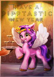 Size: 1162x1650 | Tagged: safe, artist:harwick, imported from derpibooru, pipp petals, pegasus, pony, g5, happy new year, happy new year 2022, holiday, my little pony: a new generation, raised hoof, serving tray, solo focus