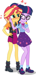 Size: 1920x3946 | Tagged: safe, artist:n0kkun, imported from derpibooru, sci-twi, sunset shimmer, twilight sparkle, equestria girls, blushing, boots, bowtie, clothes, duo, female, glasses, grin, heart, hug, jacket, leather jacket, lesbian, looking at each other, looking at someone, scitwishimmer, shipping, shirt, shoes, simple background, skirt, smiling, sunsetsparkle, t-shirt, transparent background