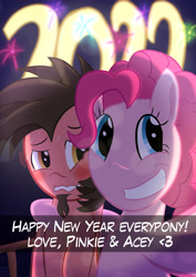 Size: 2480x3508 | Tagged: safe, artist:mrkat7214, imported from derpibooru, pinkie pie, oc, oc:ace play, earth pony, pony, 2022, blushing, canon x oc, caption, facial hair, female, fireworks, goatee, grin, happy new year, happy new year 2022, holiday, looking at you, male, nervous, nervous grin, pinkieplay, selfie, shipping, smiling, snapchat, straight, sweat, text, wavy mouth